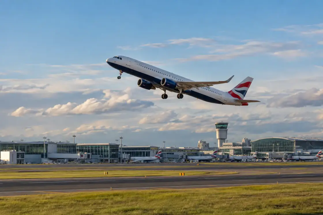 Passenger jet taking off over Gatwick Airport