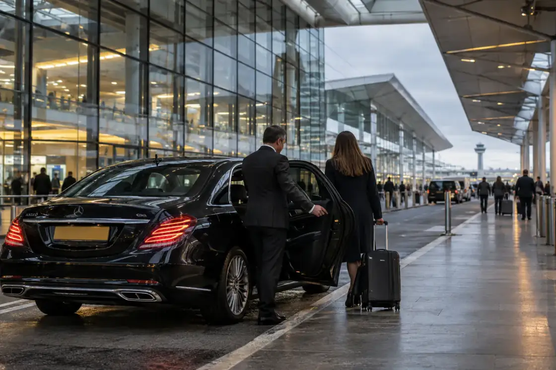 Black executive saloon at a Heathrow terminal drop-off