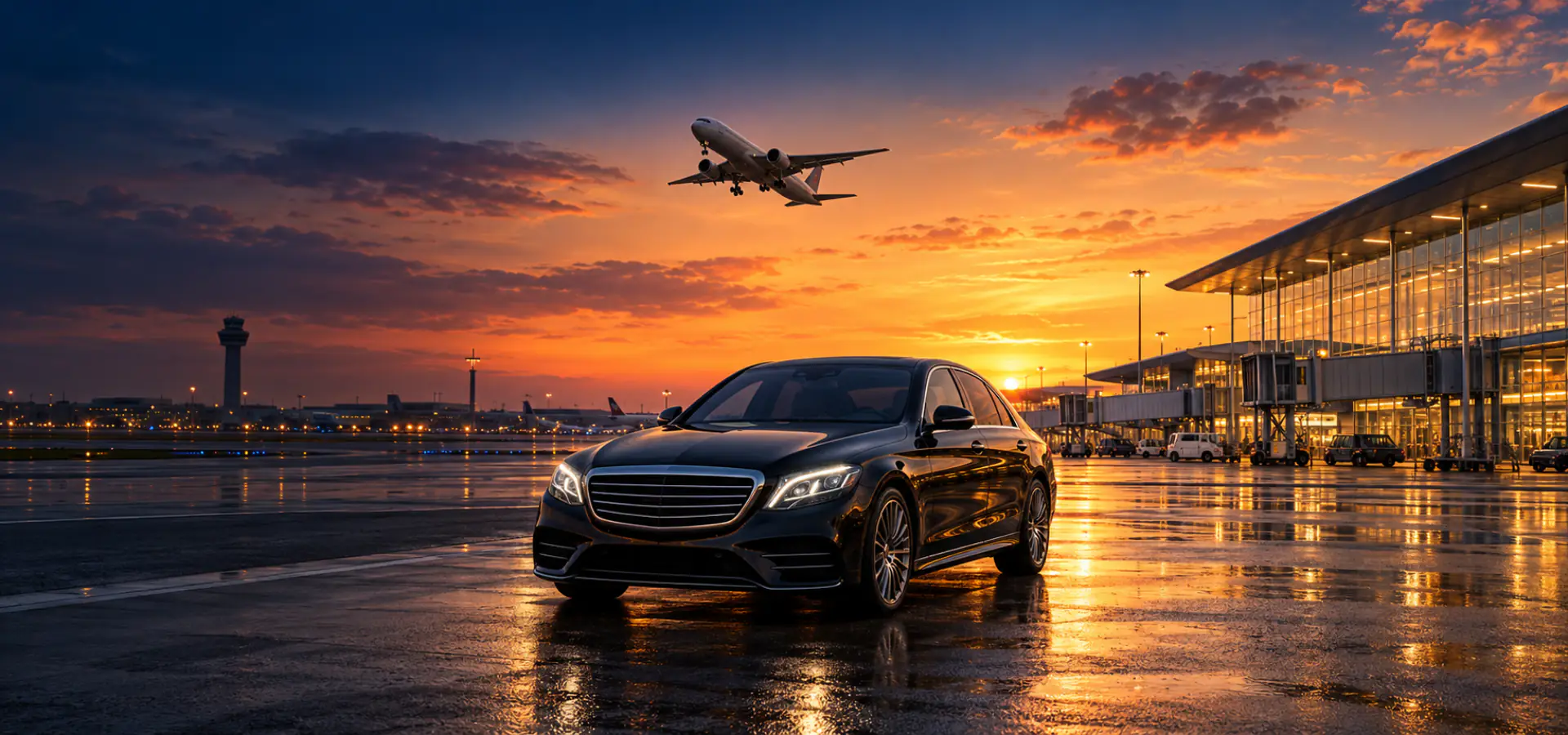 Black executive saloon at an airport at sunset as a passenger jet takes off