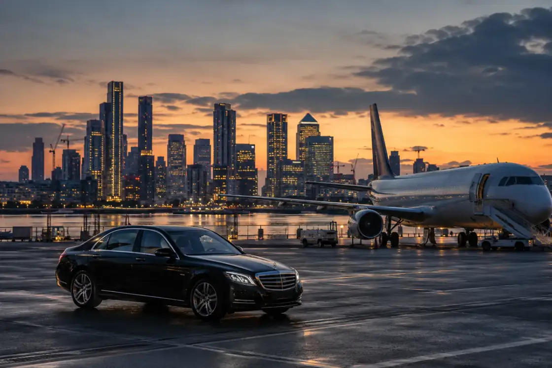 Regional jet at London City Airport with Docklands skyline behind