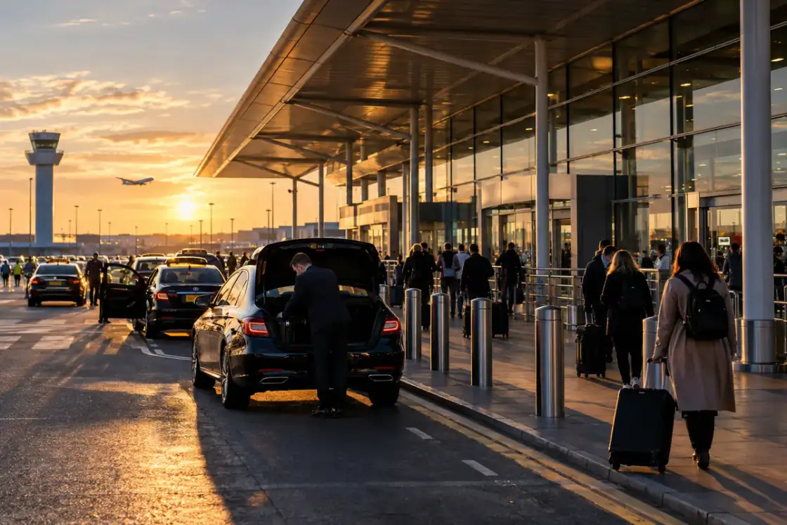 Travellers with suitcases outside Luton Airport terminal