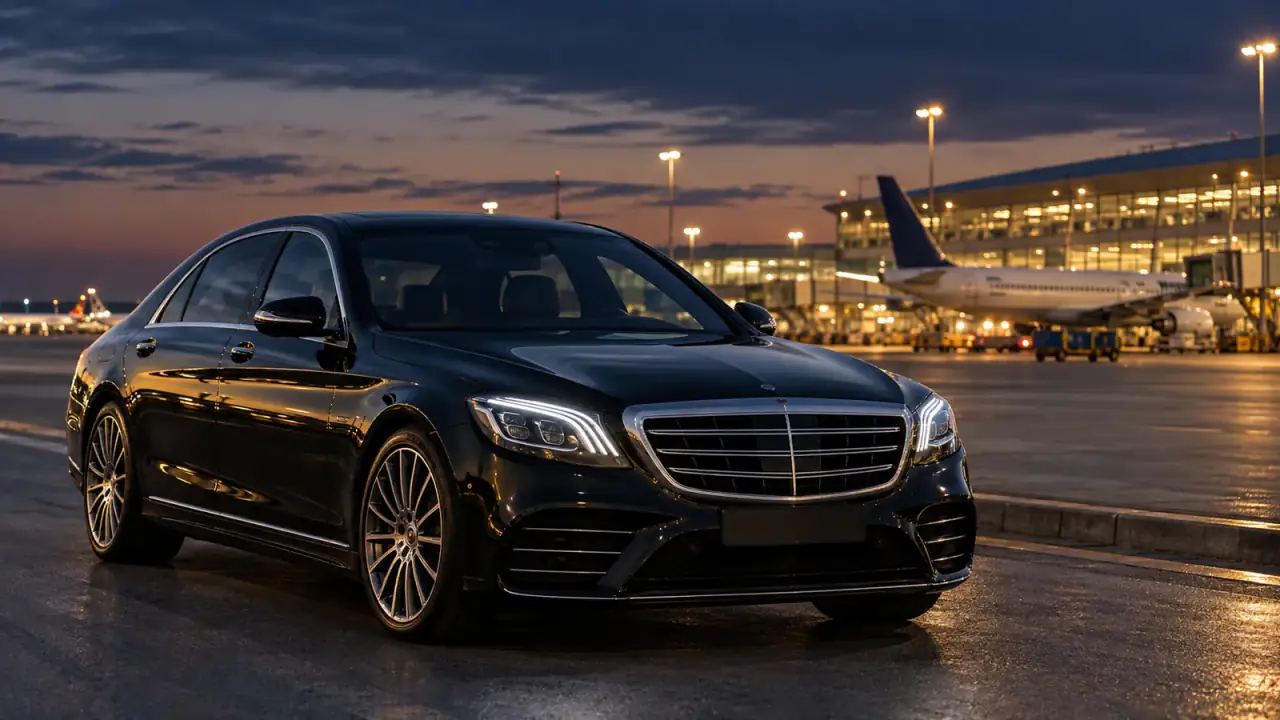 Black executive saloon parked at an airport at dusk