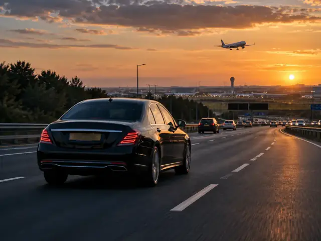 Executive car on the motorway towards an airport at sunset