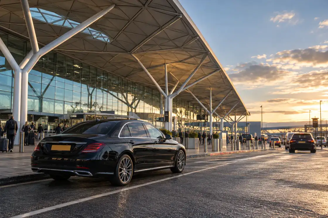 Stansted Airport terminal forecourt in late afternoon light