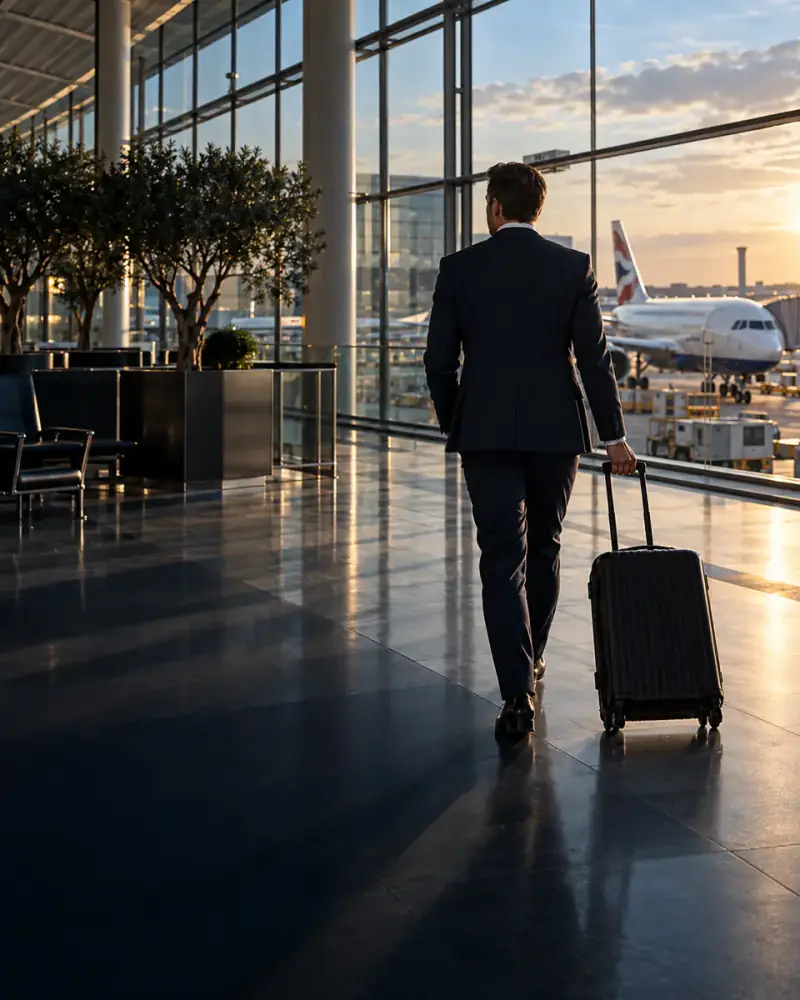 Business traveller walking through an airport terminal with a suitcase