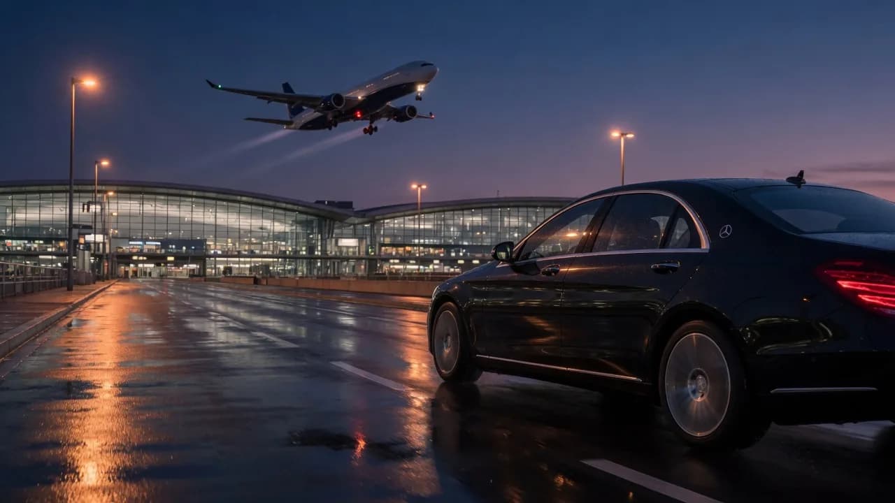 Black executive car on an airport road as a passenger jet takes off